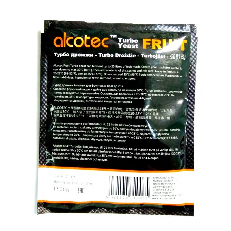 Дрожжи Alcotec Fruit Turbo обратная сторона